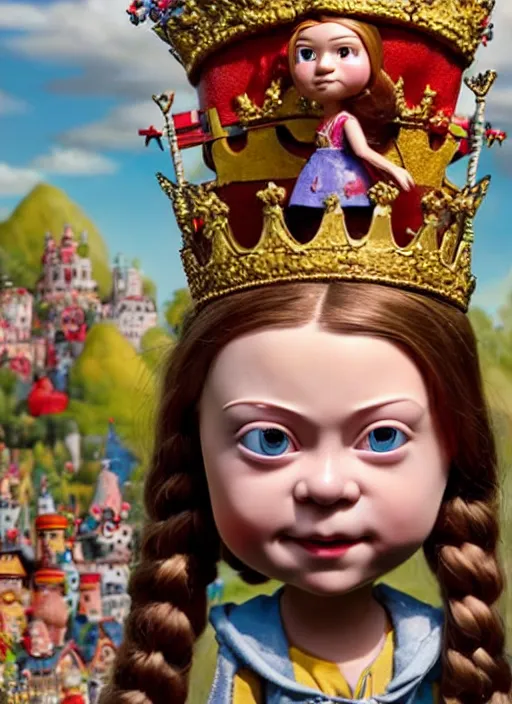 Image similar to highly detailed closeup, face profile portrait of greta thunberg as a tin toy fairytale princess wearing a crown eating cakes, bikini, unreal engine, nicoletta ceccoli, mark ryden, earl norem, lostfish, global illumination, detailed and intricate environment