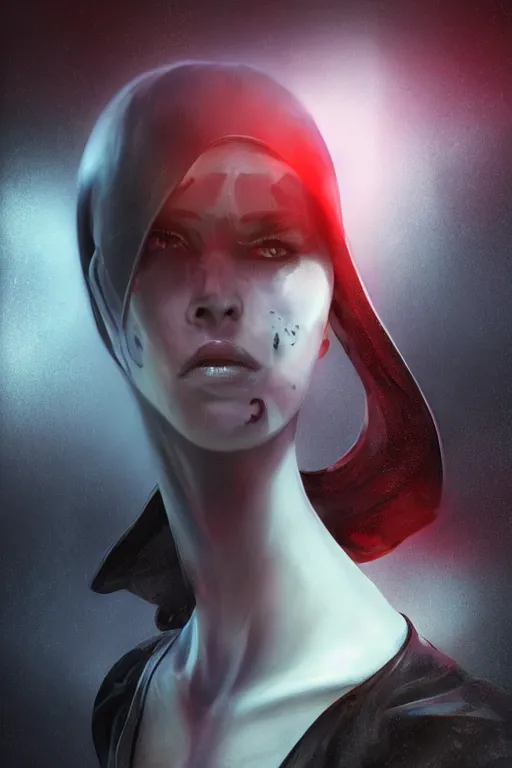 Image similar to beautiful ultra realistic, technology, battle ready grim reaper queen, retrofuturism, highly detailed, artgerm, artstation, deviantart, black, red, malicious, dark, extreme closeup three-quarter android portrait, tilt shift LaGrange point orbit background, three point perspective, focus on portrait of two androids; pointé pose; eye contact, kinemacolor, soft lighting