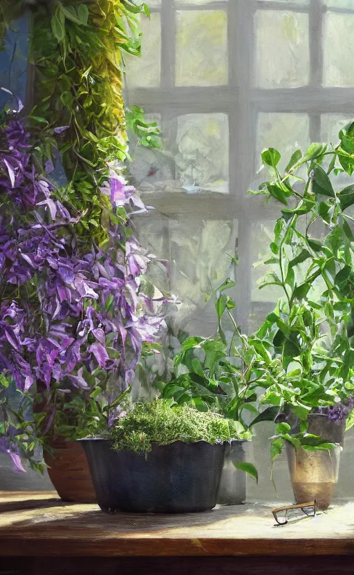 Image similar to dittany in a pot, on wooden table in the ray of sunshine in greenhouse, dried herbs and scissors in a table, oil painting, sharp focus, high detailed, calm, warm lighting, sparkles, digital art, concept art, by Rutkowsky, baroque