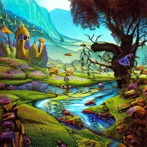 Image similar to A beautiful mixed mediart of a landscape. It is a stylized and colorful view of an idyllic, dreamlike world with rolling hills, peaceful looking animals, and a flowing river. The scene looks like it could be from another planet, or perhaps a fairy tale. decopunk by Ken Kelly, by Peter Zumthor atmospheric