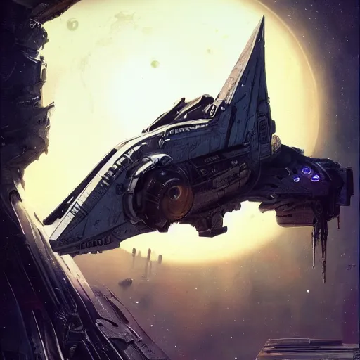 Image similar to spaceship in dark space, sci-fi, cyberpunk, unreal engine 5, photorealistic, detailed, old, desolate, by Stanley Artgerm, Travis Charest, Carne Griffiths, sleek, futuristic, alien, white, blue, purple, trending on artstation, detailed, intricate, steampunk