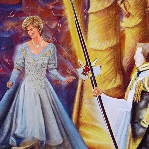 Image similar to painting of Princess Diana swordfighting Queen Elizabeth II, fantasy, epic, golden hour