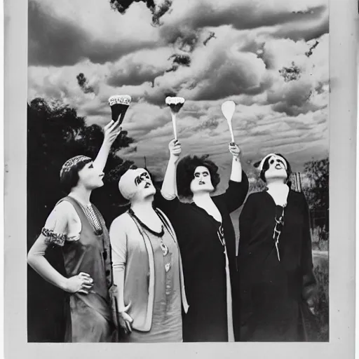 Image similar to Women from the 1920s wearing a man's suit eating ice cream, looking up at the clouds