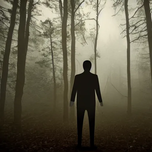 Image similar to found footage sighting of a slender man at night in a forest, fog, volumetric lighting