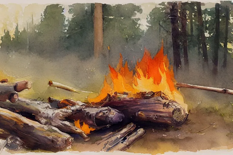 Image similar to small centered on watercolor paper, paint brush strokes, abstract watercolor painting of faraway campfire smoke, smoking bonfire, trunks and logs, sticks, cinematic light, american romanticism by hans dahl, by jesper ejsing, by anders zorn, by greg rutkowski, by greg manchess, by tyler edlin