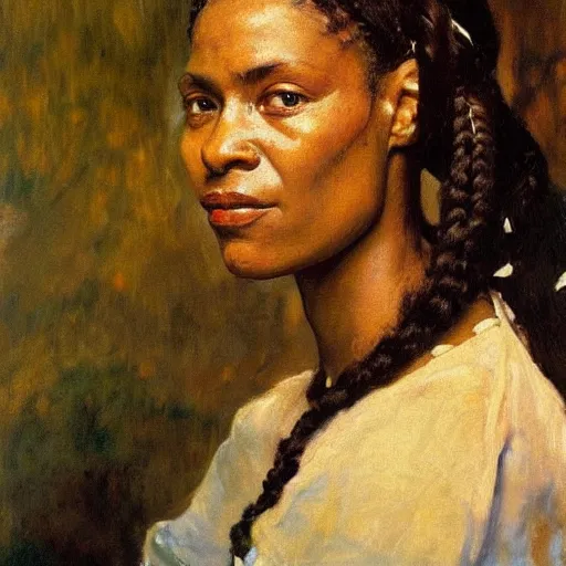 Prompt: A stunning masterful portrait of a confident Yoruba woman with braided hair and a scar on her cheek by Andrew Wyeth, John Singer Sargent, and Norman Rockwell, natural light, oil painting, ethereal, Tarkovsky color palette, strong brushwork