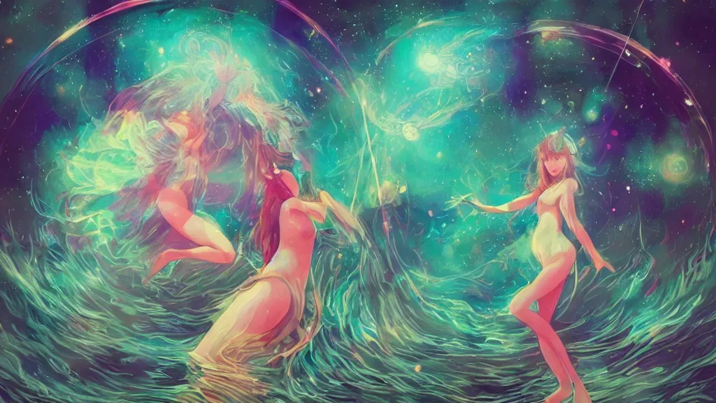 Prompt: one beautiful whimsical goddess standing in a lake basking in the moonlight, casting a spell, underneath a multi-colored binary blackhole with an accretion disc, glowing trails following her arms, acidwave, crystals, koi fish, by Lois van Baarle, by Greg Rutkowski, by artgerm, by beeple, by studio ghibli, cinematic angle, volumetric lighting, 4k resolution, octane render, trending on artstation, masterpiece