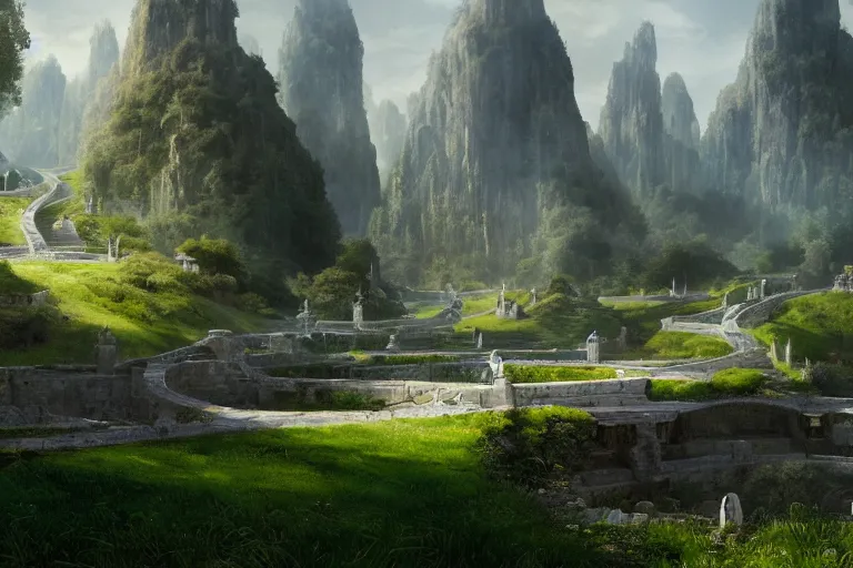 Image similar to An elven city at the base of a lush green hill with white monoliths surrounded by a moat, clear blue skies in the background, by Greg Rutkowski,Richard Sigamani, 8k photorealistic, cinematic lighting, HD, high details, dramatic, trending on artstation