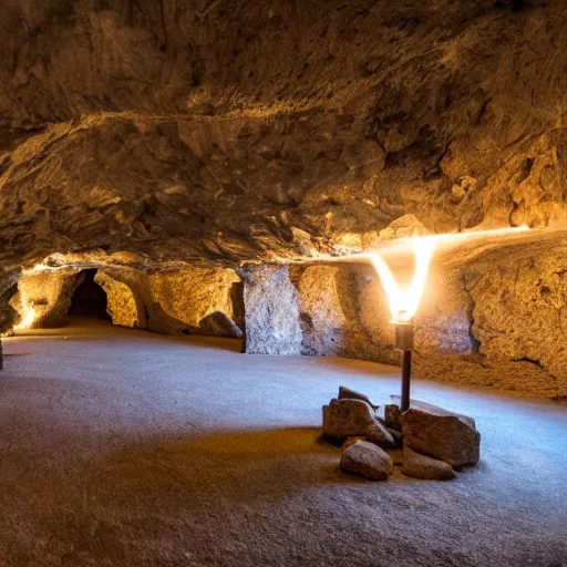 Image similar to a fighting stone-arena, inside a cave, with torches on the walls