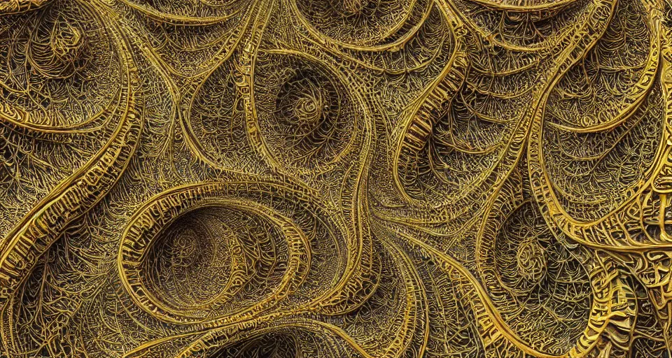 Prompt: Extreme close up of intricate fractal, Bronze luscious ridged problems by Jacek Yerka and Ernst Haeckel, oil painting, cgsociety, abstract fractal art