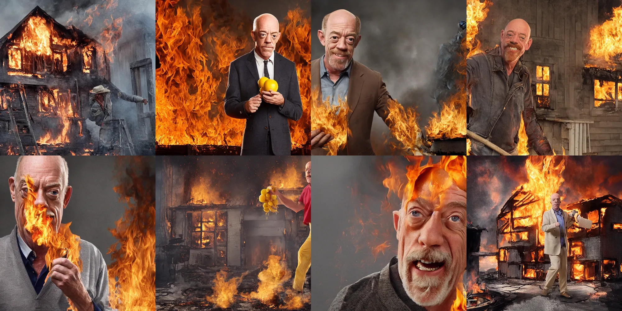 Prompt: j.k. simmons burning a house down with lemons, unreal render, close up