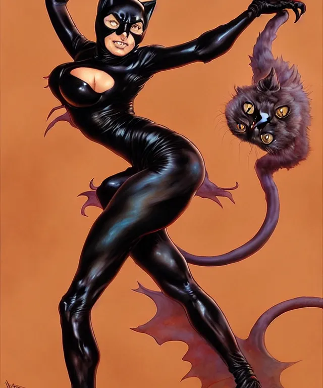 Image similar to cat woman from batman in the style of peter mohrbacher, wayne barlowe, gustav moreau, bussiere, roberto ferri, santiago caruso, luis ricardo falero, austin osman spare, boris vallejo, hajime sorayama, dali