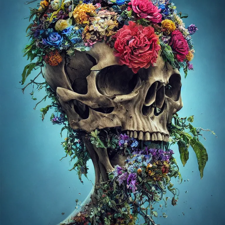 Image similar to A beautiful oil painting hyperrealism of a decayed head, rotting clay skin, skull bones, flowers, floral headdress, 8k resolution, octane render, Trending on artstation, by Gediminas Pranckevicius, volumetric light 2blue fractal Thunder glow by dan mumford, anaglyph effect, Laurie Lipton