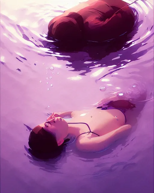 Image similar to hyper - realistic portrait of a woman underwater, water lilies, by atey ghailan, by greg rutkowski, by greg tocchini, by james gilleard, by joe fenton, by kaethe butcher, dynamic lighting, gradient light purple, brown, blonde cream and white color scheme, grunge aesthetic