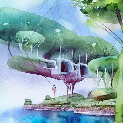 Image similar to beautiful happy picturesque charming sci - fi organic pod - like homes of the future in a beautiful natural scene. water, trees and rocks. beautiful light. soft colour scheme. beautiful artistic detailed watercolor by lurid. ( 2 0 2 2 )