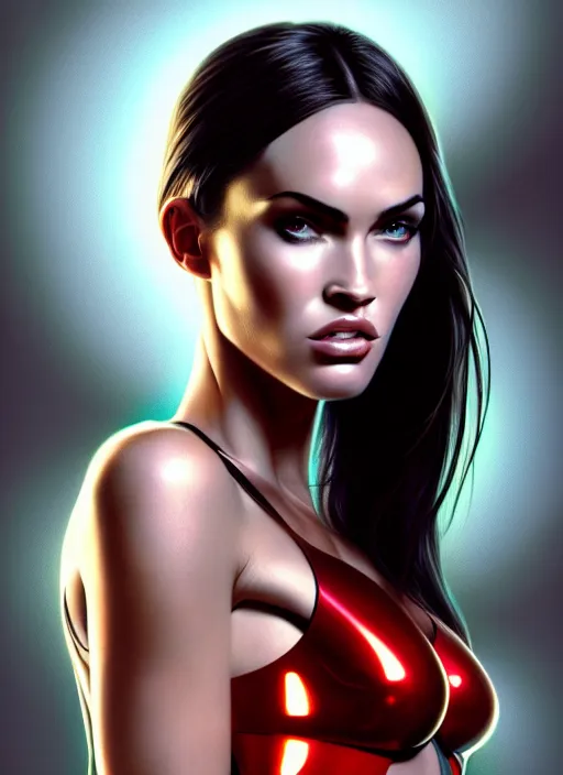 Image similar to portrait of megan fox as v, cyberpunk, technology, augmented body, chrome, science fiction, cd project red, intrigante, headshot, highly detailed, digital painting, artstation, concept art, sharp focus, cinematic lighting, illustration, art by artgerm and greg rutkowski, alphonse mucha, cgsociety