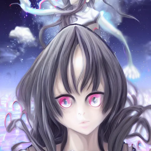 Image similar to big-eyed shoggoth anime girl deviantart by amano yoshitaka hd 8k hyperreality