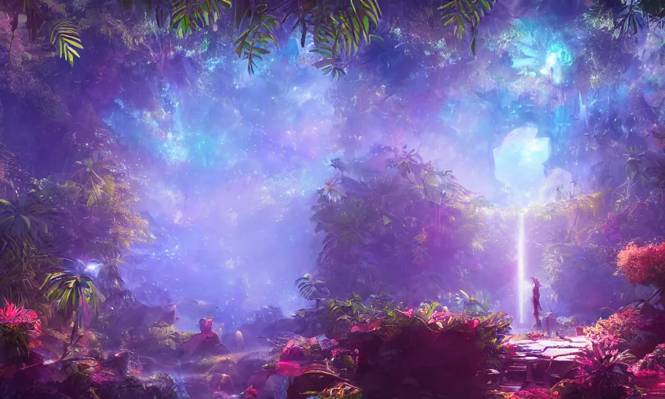 Image similar to a watercolor painting of a glowing sparkling gigantic portal in a mysterious jungle, fantasy, flowery, particles, fireflies, octane render, unreal engine, artstation, digital art