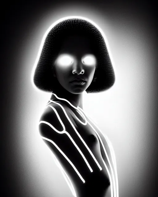 Prompt: black and white young female-cyborg-human-jellyfish-plant high quality photo, microchip, artificial intelligence, bio-mechanical bio-luminescence, black wired cables, neurons, nerve cells, octane render, cinematic, rim light, hyper realism, photo-realistic, high detail, 8k, masterpiece, high fashion, in the style of Dora Maar