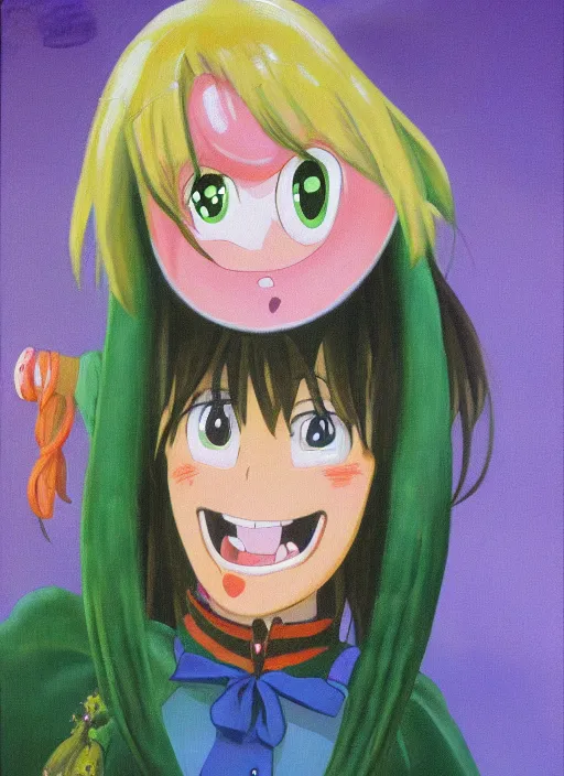 Prompt: an oil panting of a funny anime girl with a wolfish grin featured on Nickelodeon by Quentin Matsys