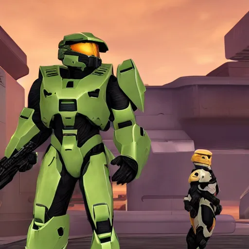 Image similar to master chief from halo holding vanilla from nekopara with the arbiter in background staring jealously