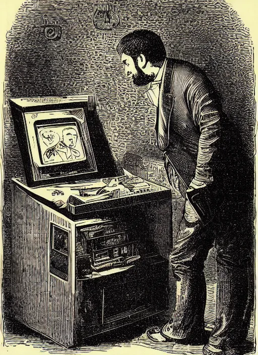 Prompt: 19th century wood-engraving of a computer capable of drawing pictures, a man stand in front of it looking confused, whole page illustration from Jules Verne book, art by Édouard Riou Jules Férat and Henri de Montaut, frontal portrait, high quality, beautiful, highly detailed, removed watermarks