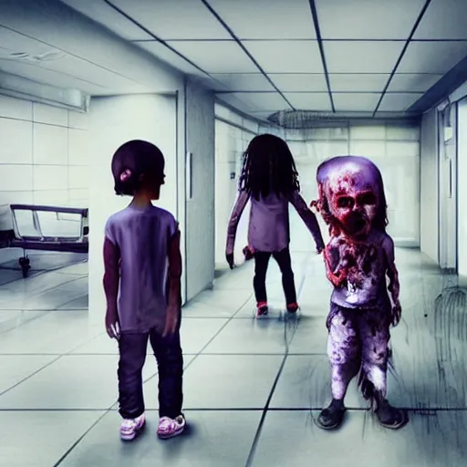 Prompt: “ zombie childs in a futuristic hospital ”