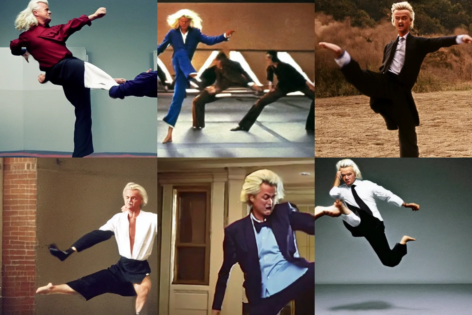Prompt: a movie still of Geert Wilders doing high kick kung-fu