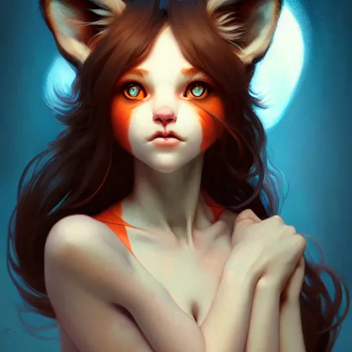 Image similar to Cuddly fox girl with large ears and blue eyes, face, realistic, cute, cartoonish, digital painting, artstation, concept art, smooth, sharp focus, illustration, art by Krenz Cushart and Artem Demura and alphonse mucha