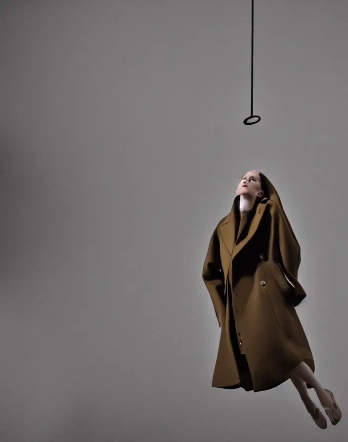 Image similar to high fashion portrait close - up of a lone single model posing melodramatically in a slick fashionable zara raincoat jumping floating suspended mid - air over a wet rainy contemporary lighting art installation designed by james turrell, photography shot by steven meisel, dali, wes anderson, lily frank, symmetry, rule of thirds, nostretch