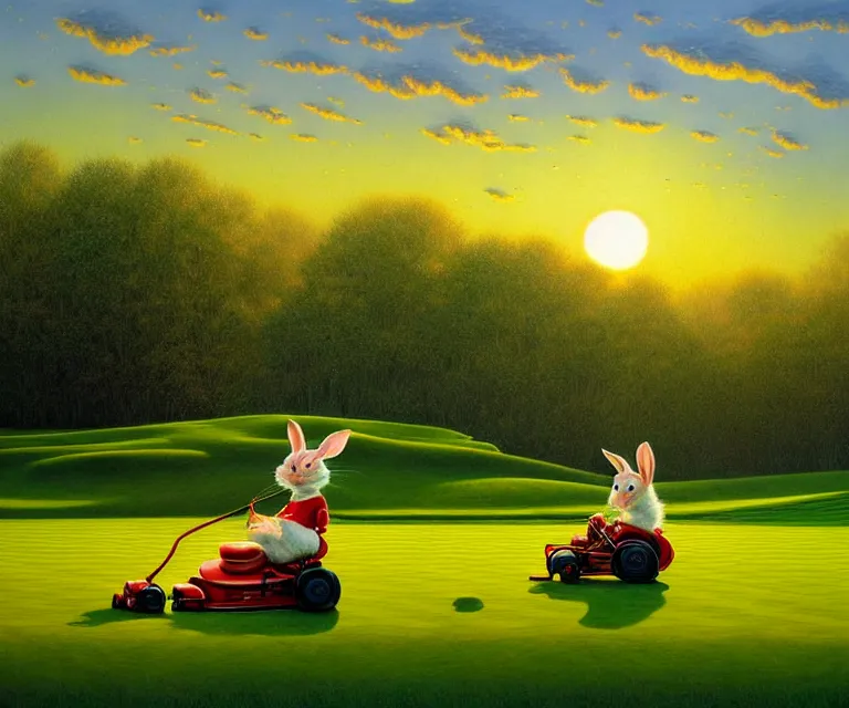 Image similar to hyper detailed 3d render like a Oil painting - a cartoon rabbit riding a lawnmower across a golf course at dawn, by Jacek Yerka, Mariusz Lewandowski, Houdini algorithmic generative render, Abstract brush strokes, Masterpiece, Edward Hopper and James Gilleard, Zdzislaw Beksinski, Mark Ryden, Wolfgang Lettl, hints of Yayoi Kasuma, octane render, 8k