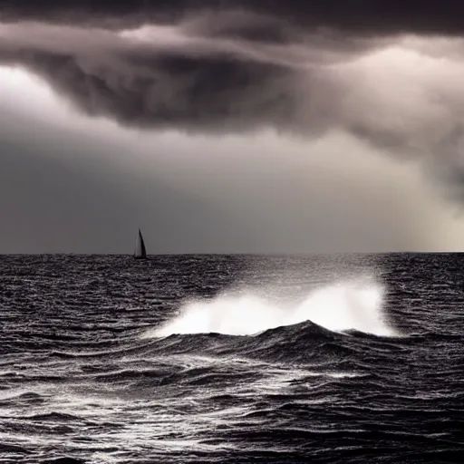 Prompt: A boat drifting into a storm caused by a metallic dark giant rising from the ocean