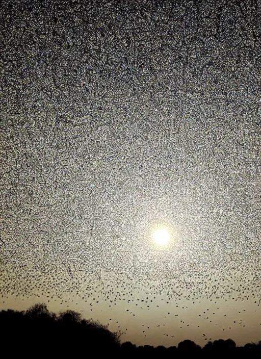 Image similar to a giant in the distance, a murmuration in the sky as a solar eclipse happens