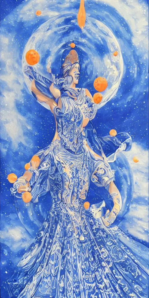 Image similar to full body of princess of mars theme inspired wearing blue and white carved details moving dress, she is floating in the air, planet mars in the background, open sky, highly detailed, mystical, little orange fog, circle forms, iper realistic, paint on canvas