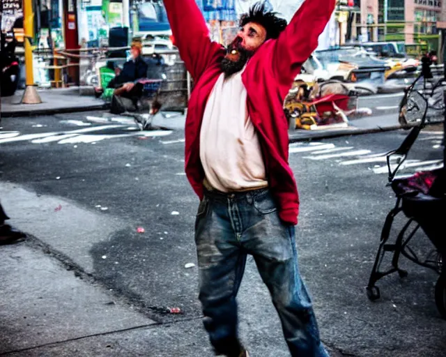 Prompt: a handsome homeless man wins the lottery. the homeless guy jumps in the air like a little girl. he is glowing like goku. realistic image. new york city candid photo