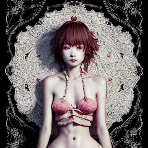 Image similar to the portrait of an absurdly beautiful, graceful, elegant, sophisticated, fashionable young gravure idol made of strawberries and white petals, an ultrafine hyperdetailed illustration by kim jung gi, irakli nadar, intricate linework, bright colors, octopath traveler, final fantasy, unreal engine 5 highly rendered, global illumination, radiant light, detailed and intricate environment