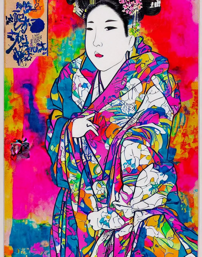 Image similar to ink on paper, a portrait of a geisha wearing a colorful kimono with graffiti tags, by goyo hashiguchi!!, colorful, xray melting colors!!