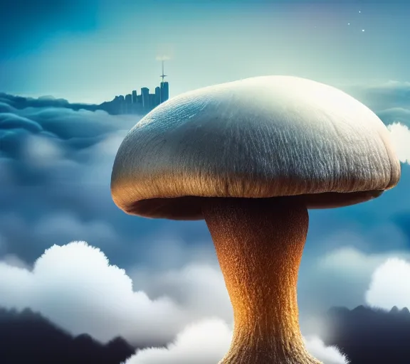 Image similar to a giant mushroom that stretches above the clouds with an upside down city built under the cap. highly detailed 8 k. intricate. lifelike. soft light. nikon d 8 5 0. cinematic post - processing