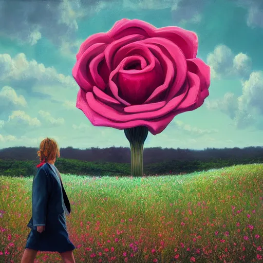 Image similar to portrait, giant rose flower head, girl walking in a suit, surreal photography, sunrise, blue sky, dramatic light, impressionist painting, digital painting, artstation, simon stalenhag