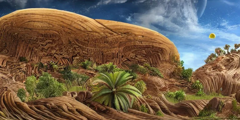 Image similar to a lemon and wood ridden world, extinct species, epic land formations, detailed, wide shot.