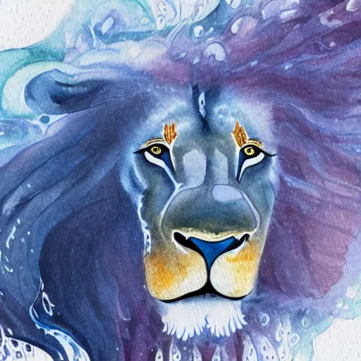 Image similar to a male lion's face breaching through a wall of water, water sprites, splashing, deep blue water color, highly detailed