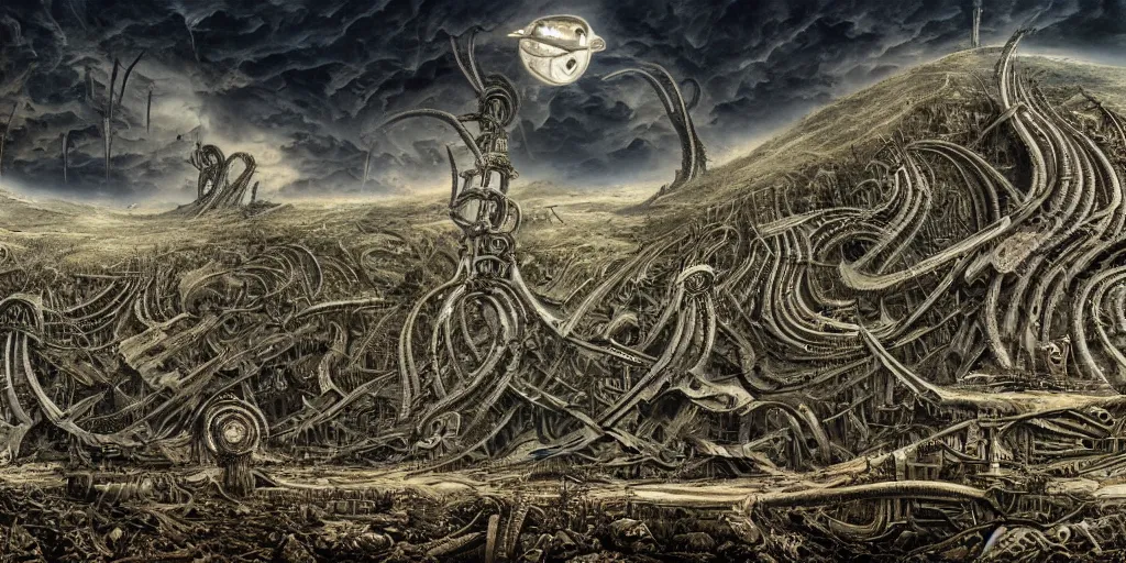 Image similar to equirectangular matte painting of a biomechanical landscape by hr giger