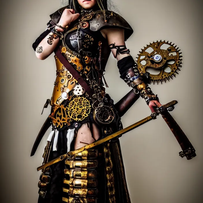 Prompt: full length photograph of a real - life very beautiful clockpunk warrior. extremely detailed. dslr. 8 5 mm.