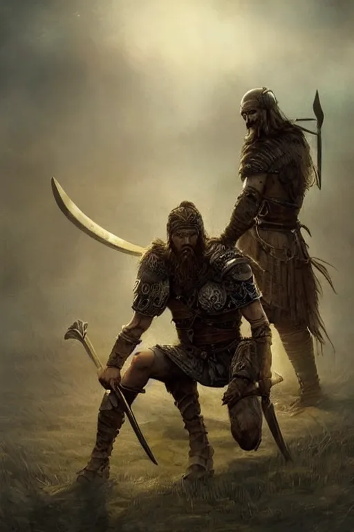 Prompt: aesthetic digital illustration of a defeated viking warrior on his knees by anne stokes, greg rutkowski, and brian belledin | dirty and bloody, concept art, character concept, matte background, golden ratio, rule of thirds, golden hour lighting, unreal engine, finalrender, centered, deviantart, artgerm