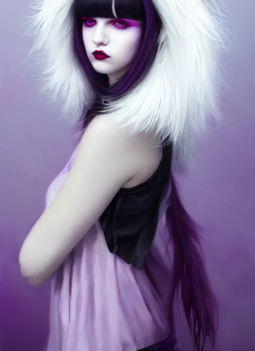 Prompt: portrait of white teenage girl, normal face, black bangs, mall goth, cyberlox, black and white hair, bangs, fluffy bangs, red contact lenses, purple lipstick, intricate, elegant, highly detailed, digital painting, artstation, concept art, sharp focus, smooth, illustration, art by wlop, mars ravelo and greg rutkowski