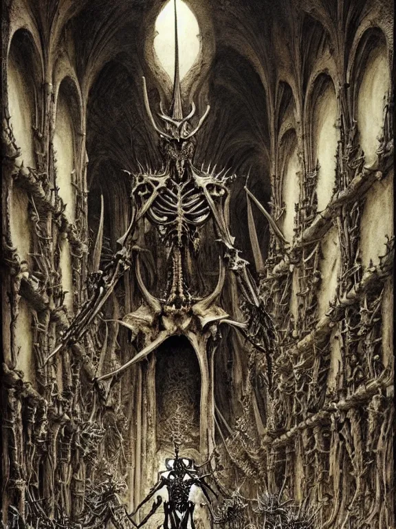 Prompt: A spiked horned semiork-semihuman skeleton with armored joints stands in a large cavernous throne room. Massive shoulderplates. Extremely high detail, realistic, fantasy art, solo, masterpiece, bones, ripped flesh, saturated colors, art by Zdzisław Beksiński, Arthur Rackham, Dariusz Zawadzki