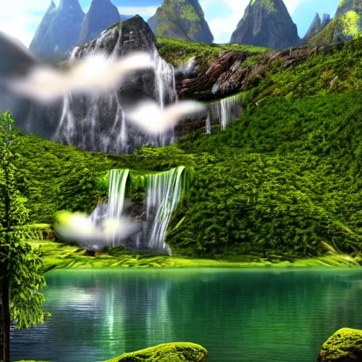 Image similar to photorealistic fantasy digital art depicting a very - distant aerial view of : at the peak of the world's tallest mountain is a small pond. a waterfall is falling from the pond down to the base of the mountain into a lake. the waterfall is unbelievably tall, and the mountain is extremely steep and narrow. there is a city surrounding the lake.