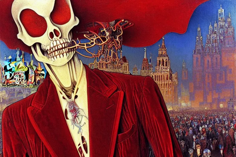 Image similar to realistic detailed closeup portrait painting of a single skeleton wearing red velvet blazer in a crowded futuristic moscow street by Jean Delville, Amano, Yves Tanguy, Alphonse Mucha, Ernst Haeckel, Edward Robert Hughes, Roger Dean, rich moody colours, blue eyes