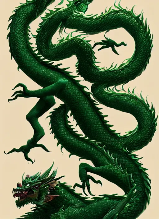 Prompt: a beautiful full - body green chinese dragon, wisdom, magical render in maya by peter mohrbacher and kentaro miura, artstation, 8 k ivan laliashvili, james gurney poster style