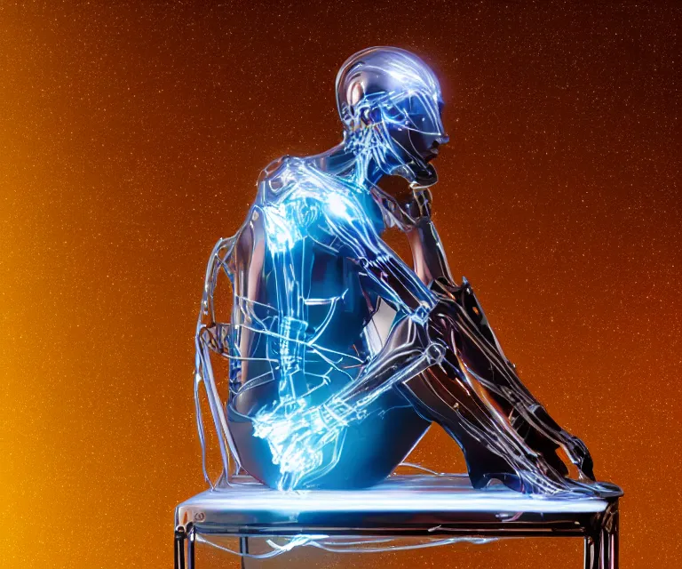 Image similar to semi - transparent glowing cyborg sitting on a metal throne, fantasy sci - fi, majestic lighting, metallic, 2 0 0 mm focus, bokeh